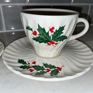 Vintage holly and berry set of 2 teacups and plates